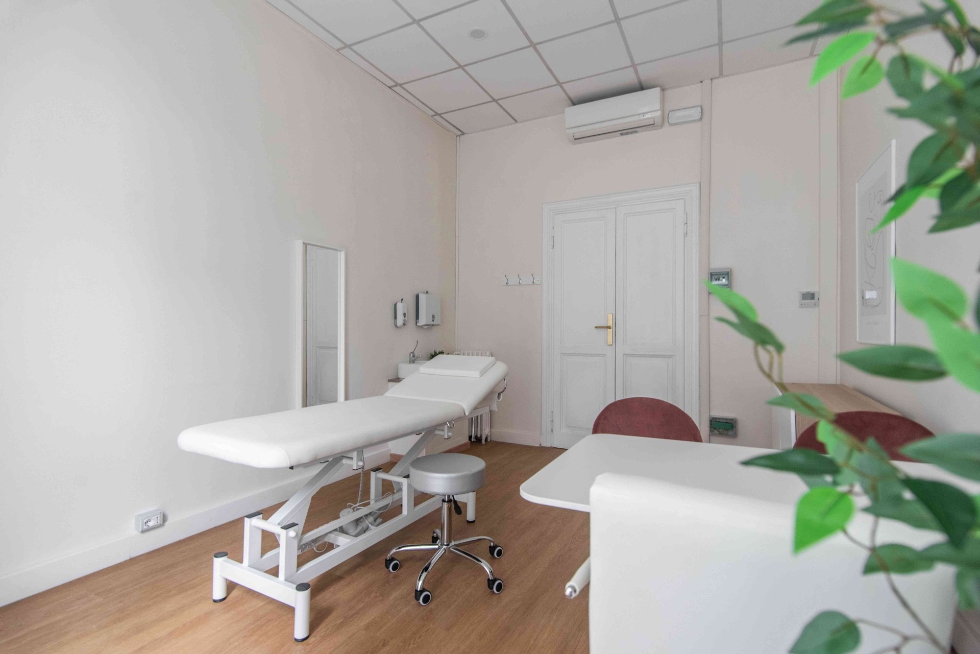 Lettino da visita con tavolo e pianta in primo piano in studio medico Exclusive presso Spatium Parioli, Roma