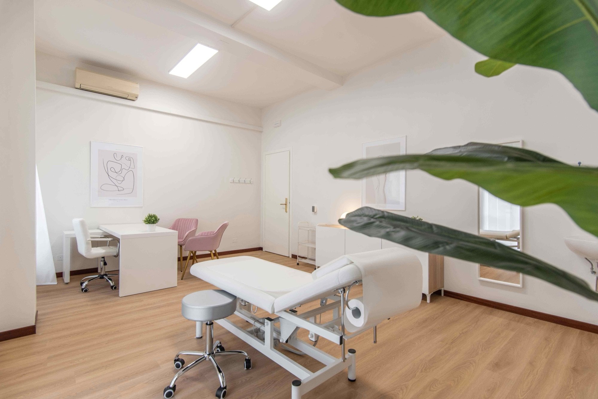 Lettino da visita con tavolo, sedute rosa e pianta in primo piano in studio professionale Lounge presso Spatium Vittor Pisani, Milano