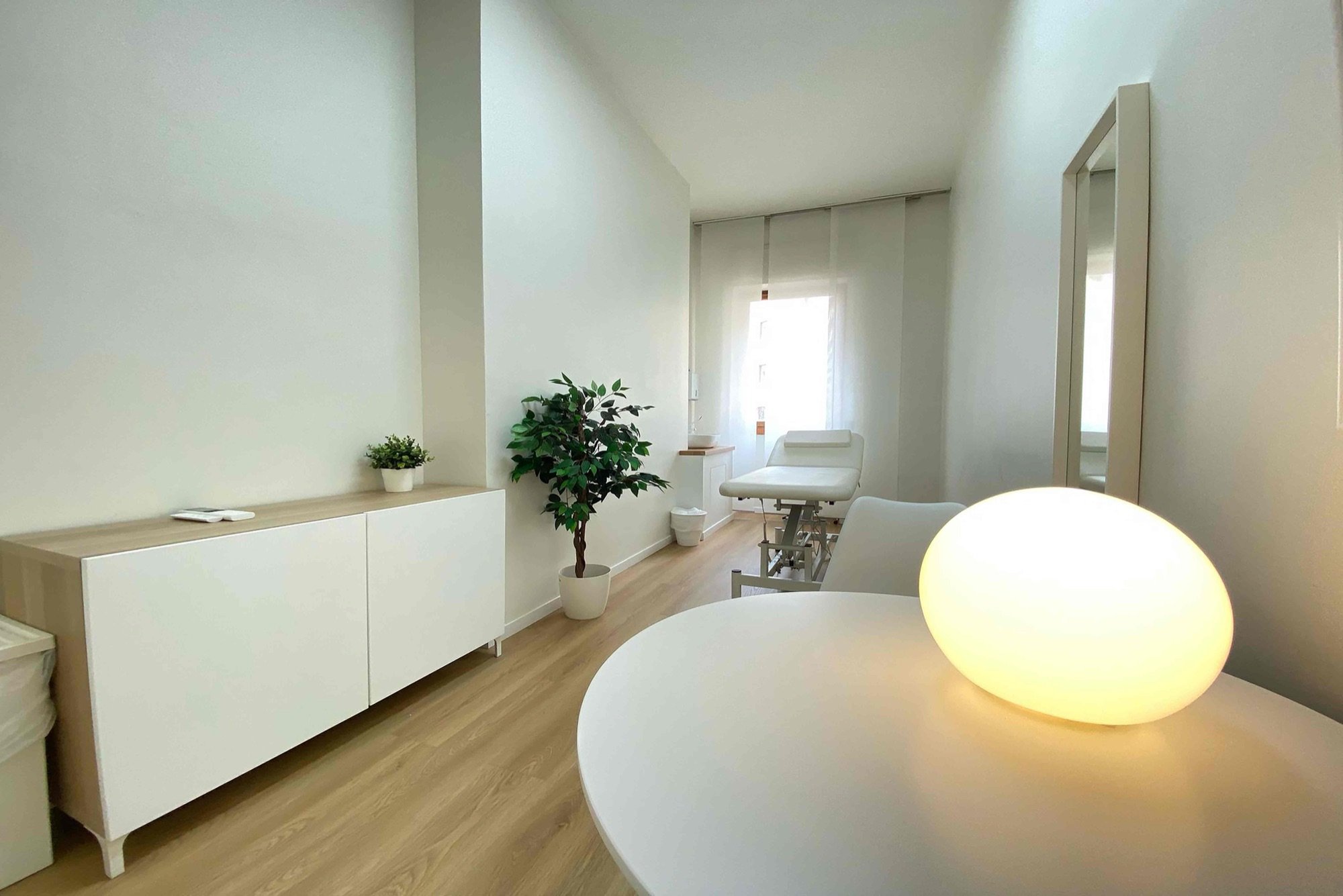 Mobile contenitore con lampada e pianta, studio sullo sfondo in studio professionale Premium presso Spatium Vittor Pisani, Milano