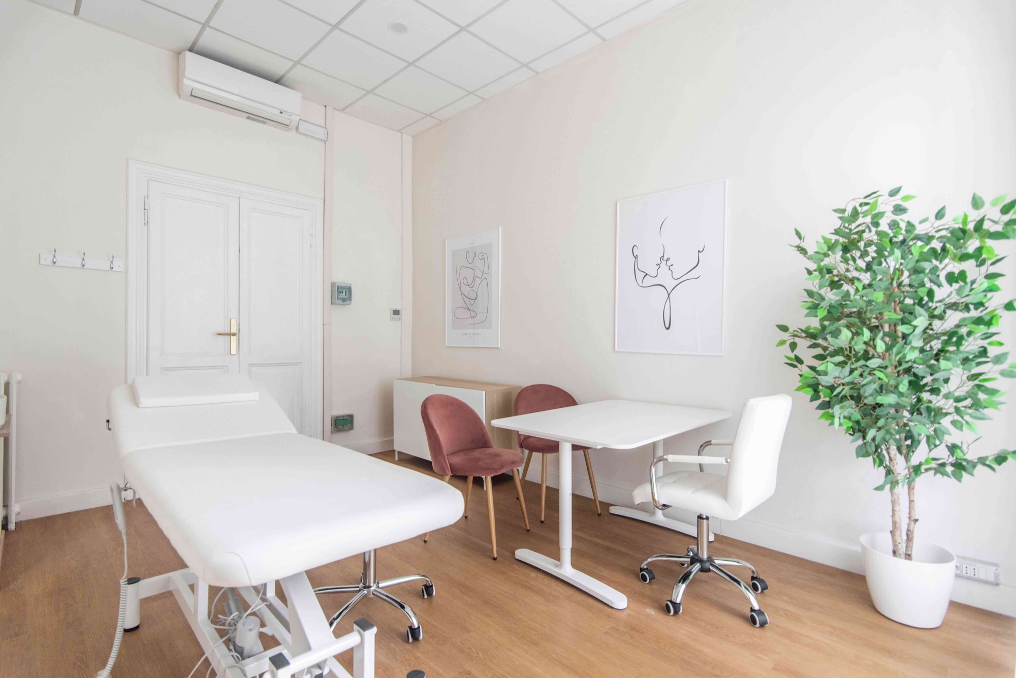 studio-medico-roma-lettino-visita-tavolo-sedute-rosa-pianta-77f039a